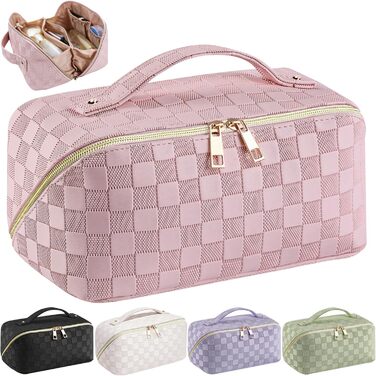 Жіноча косметичка для подорожей з великим об'ємом, водонепроникна, з перегородками, органайзер (кремовий абрикос) (рожевий пудра)