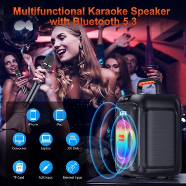 Караоке машина з 2 бездротовими мікрофонами, Bluetooth колонка з RGB-підсвіткою для дорослих/дітей, караоке апарат для дому, вечірок, PA-система, Party Box, Black-2Mic