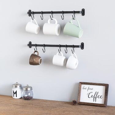 Dahey Mug Holders, Wall Mounts, Metal Coffee Cup Hangers with 10 Cup Hooks, Cup Display Shelf, Rustic Utensil Cup, Storage Organizer for Kitchen, Dining Room, 2-Piece Set, Black