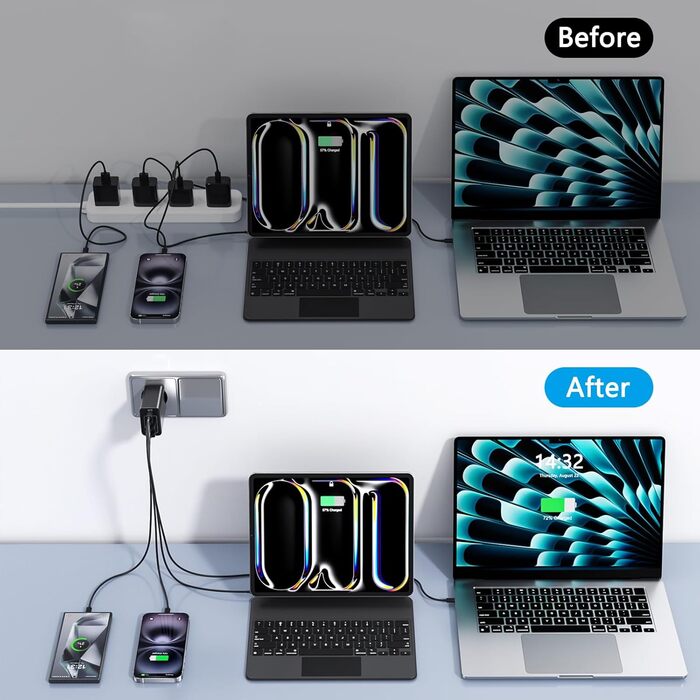 Зарядний пристрій USB-C 65W з кабелем, GaN 4-порти, швидка зарядка для MacBook, iPad, iPhone 15/16 Pro Max, Samsung Galaxy S23/S24 (2м USB-C - USB-C, чорний)