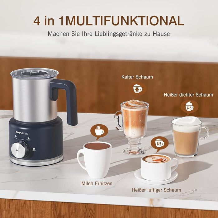 Електричний спінювач молока SIMPLETASTE 4-в-1: гарячий та холодний спінений молок, підігрів молока та какао, антипригарне покриття, автоматичне вимкнення, тиха робота, BPA-free, для капучіно та лате (можна мити в посудомийній машині, насадка-міксер у комп