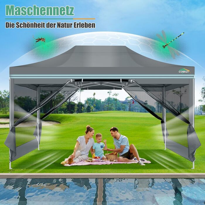 COBIZI Pavilion 3x3m Foldable, Waterproof & Winterproof – Stable Garden Tent with 23mm Steel Pipe, UV50+ and Mosquito Nets for Camping/Parties + Carry Bag (Gray, 3mx4.5m)