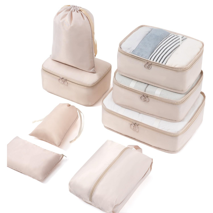 Органайзер для валізи Meowoo, 8 шт. - набір кубиків для пакування, валізні органайзери для подорожей та бізнесу, сумки для одягу, система зберігання багажу (Бежевий)