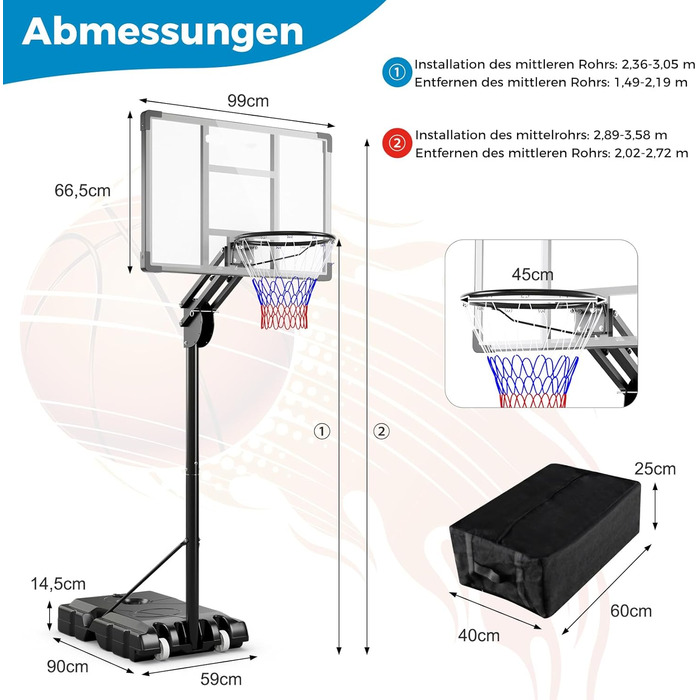 COSTWAY Adjustable Height Basketball Hoop System - Outdoor Mobile Basketball Stand with Wheels & Weight Bag (149-305cm)