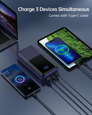 Power Bank Coblob 27000mAh з LED дисплеєм: швидка зарядка USB-C 30W, 3 виходи, 2 входи, для смартфонів, планшетів, AirPods та іншого (Темно-синій)