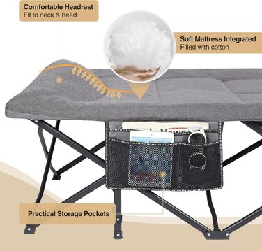 Кемпінгове ліжко REDCAMP XL з матрацом для дорослих, 226 кг, широке, міцне, розкладне, для відпочинку на природі, для гостей, офісу, дому (темно-сірий 2xl)