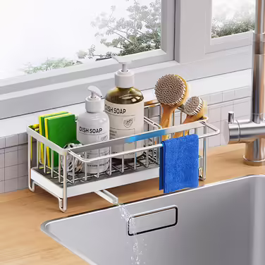 Kitchen Sink Organizer, Sponge Holder for Kitchen Sink with Automatic Draining Basket, Dish Towel Hanger, Stainless Steel 304, Dish Organizer, Soap Dispenser, Storage