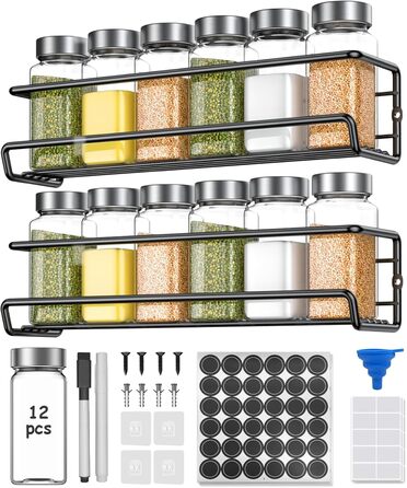 Спецівник для спецій з 24 скляних баночок та етикетками, без свердління, підвісний, для стін та шаф, органайзер для спецій, набір 4 шт. (24 баночки з нержавіючою сталлю)