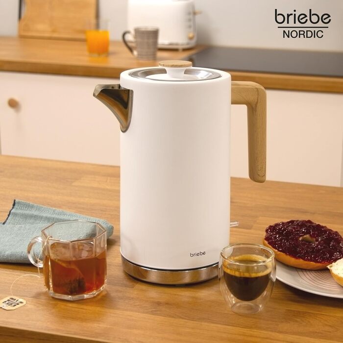 Тостер Briebe Nordic Set з широкими слотами та підставою для бургерів, 6 режимів підсмажування + Електричний чайник 1,7л, 2200W, BPA-free, Набір для сніданку, Скандинавський дизайн (Білий)