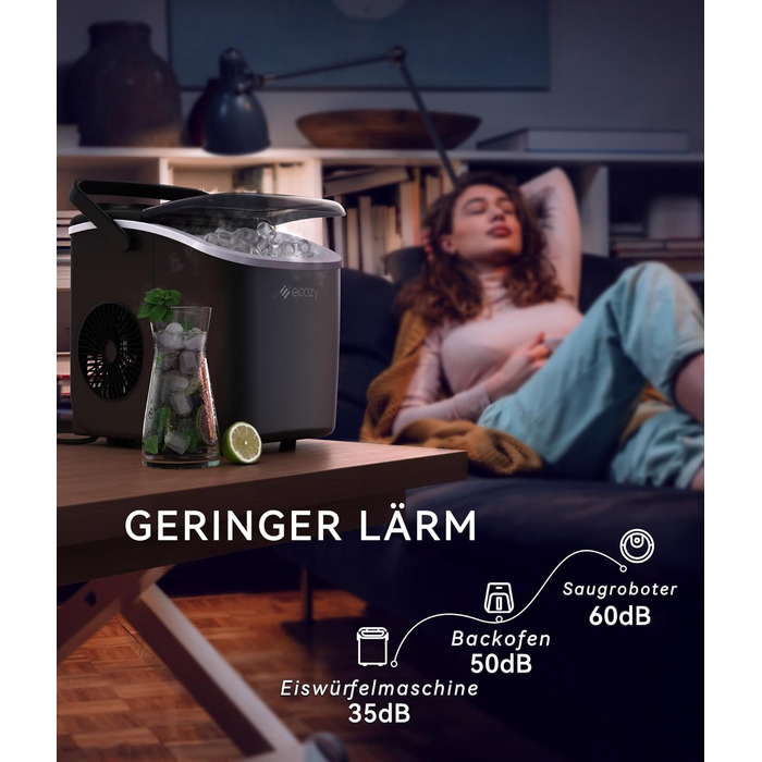 Машина для льоду Ecozy - компактна, самоочисна, 2 розміри кубиків, 9 кубиків за 6 хвилин, 12 кг/24 год, лопатка та кошик для кухні, офісу, бару, вечірки