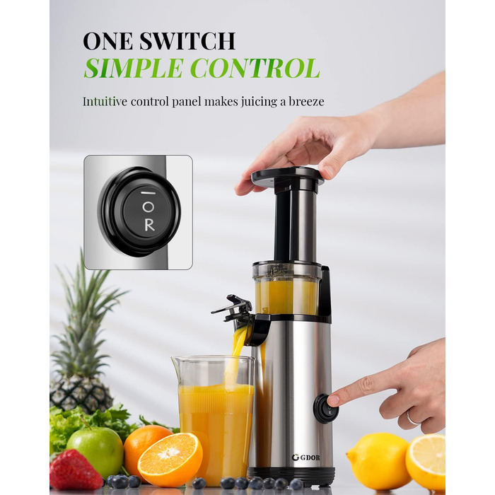 GDOR Compact Juicer - Powerful Juicer, Slow Juicer, Easy-to-Clean Juicer Machine, Quiet Juicer for Fruits and Vegetables, 600 ml, High Juice Yield, Includes Brush, BPA-Free Silver