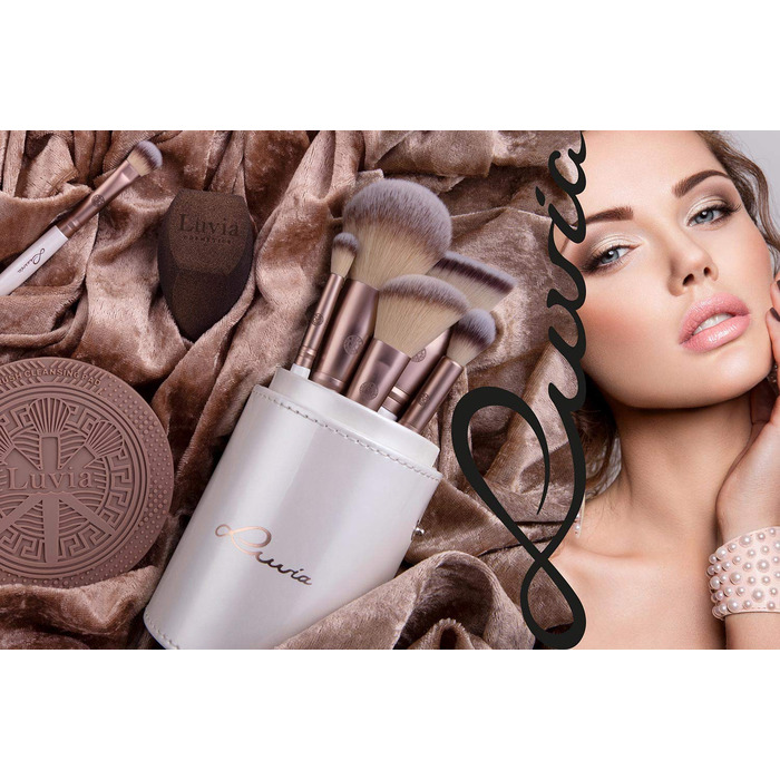 Luvia Prime Vegan Pro Makeup Brush Set - 12 Brushes, Blender Sponge, Cleaning Mat - Pearl & Coffee