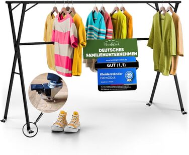 Clothes Rack / Laundry Rack + Bag Moritz [Extendable 1.30-2.0m, foldable, very stable stainless steel] Clothes Rail, Coat Rack, Entrance Hall Wardrobe, Open Wardrobe (Black, with hooks / with bag / with wheels)