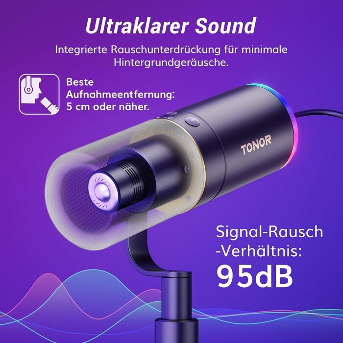 Мікрофон TONOR TD510+ для стримінгу, студії та запису. XLR/USB, динамічний, з регульованою ніжкою та RGB підсвічуванням. Чорний колір