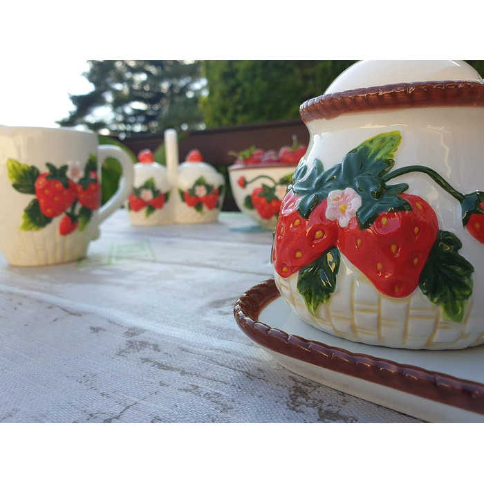 Dolomite sugar bowl with spoon, milk jug, and plate as a 3-piece set, with strawberry relief, size approx. 19 x 10.5 cm, 12