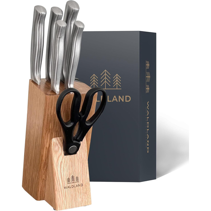 Набір ножів WALDLAND Premium з підставкою – 7 предметів | Набір кухонних ножів з інтегрованим точилом | Матеріал: дуб | Преміум якість