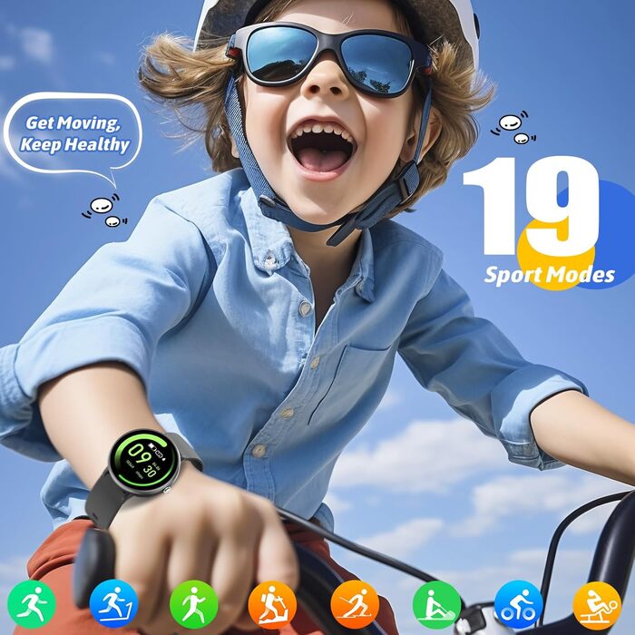 Дитячий розумний годинник - фітнес-трекер з IP68, 19 спортивних режимів, монітором серцевого ритму та сну, крокомером. Чорний колір.
