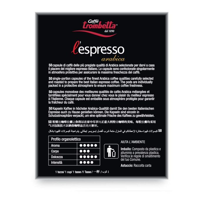 Кава в капсулах Caffè Trombetta L'Espresso, сумісні з Nespresso, 100% Арабіка, насичена та міцна, 50 капсул