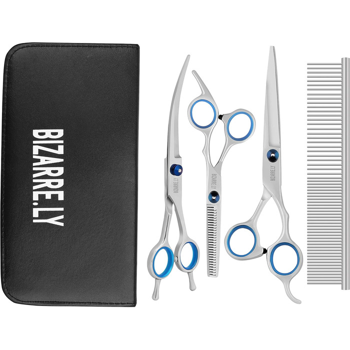 Професійний набір для догляду за собаками Bizzarre.ly – набір інструментів для грумінгу собак та домашніх тварин. Включає ножиці для шерсті, ножиці для фінальної обробки, вигнуті ножиці та гребінець для собак та котів.