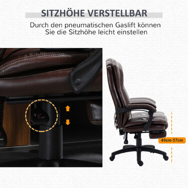 Vinsetto Adjustable Swivel Chair with Footrest, Headrest, Massage Function, Faux Leather, 68.5x68.5x113-121cm, Brown