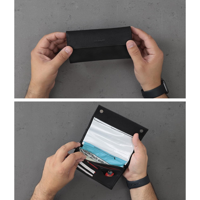 Richhoff Tobacco Pouch made of Premium Leather - Tobacco Bag with Magnetic Closure - Rolling Pouch with Extra Double-Paper & Filter & Lighter Pocket - Tobacco Bag - (Black)