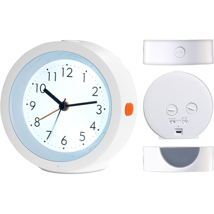 infactory Alarm Clock Quiet: Analog Quartz Clock, Silent, Night Light, Light Sensor, Battery (Analog Travel Alarm Clock, Absolutely Silent, LED Clock with Battery Operation)