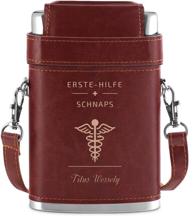 Термос Maverton з гравіюванням, 250 мл, з нержавіючої сталі, 3x10 мл піпетки, шкіряне етикетування з ремінцем, подарунок на день народження та інше, срібно-коричневий, для надання першої допомоги