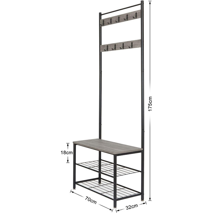 Mondeer Coat Rack, Shoe Rack with Coat Rack, 3 Shelves and 9 Removable Hooks, Industrial Design, Made of Metal and Wood, 70 x 32 x 175 cm, for Entryway, (Gray)