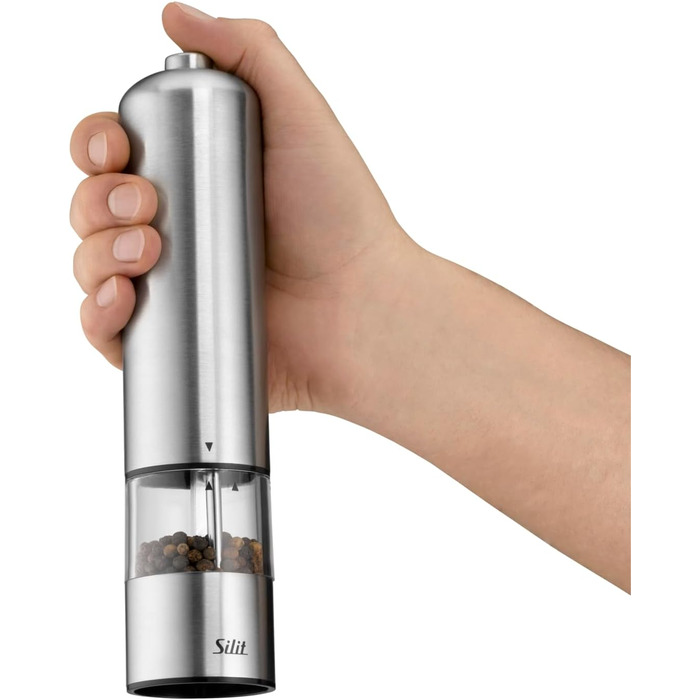 Silit Electric Grinder Set, 2-piece, 23 cm, Electric Salt and Pepper Grinder, Unfilled, Spice Grinders, Grinder for Salt, Pepper, Chili Peppers, Ceramic Grinder, Stainless Steel, Acrylic Glass