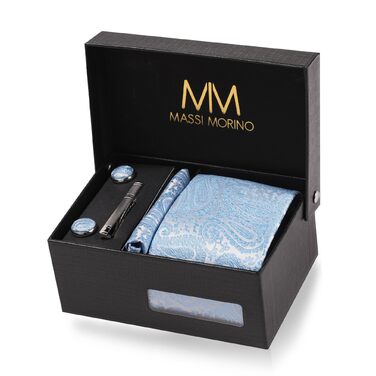 Комплект чоловічий Massi Morino: краватка, нагрудна хустка, запонки, зажим для краватки, подарункова коробка - блакитний Paisley, універсальний розмір. Для весілля.