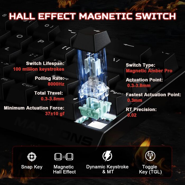 Механічна ігрова клавіатура YUNZII MADLIONS MAD68 з провідним підключенням, Hall Effect, PBT клавіші, RGB підсвічуванням, 8K polling rate (Black, Magnetic Amber Pro Switch)