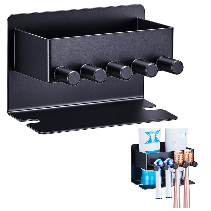 Настінний тримач для зубних щіток GGQ, для електричних та звичайних щіток, без свердління, самоклеючий, з органайзером для пасти, чорний