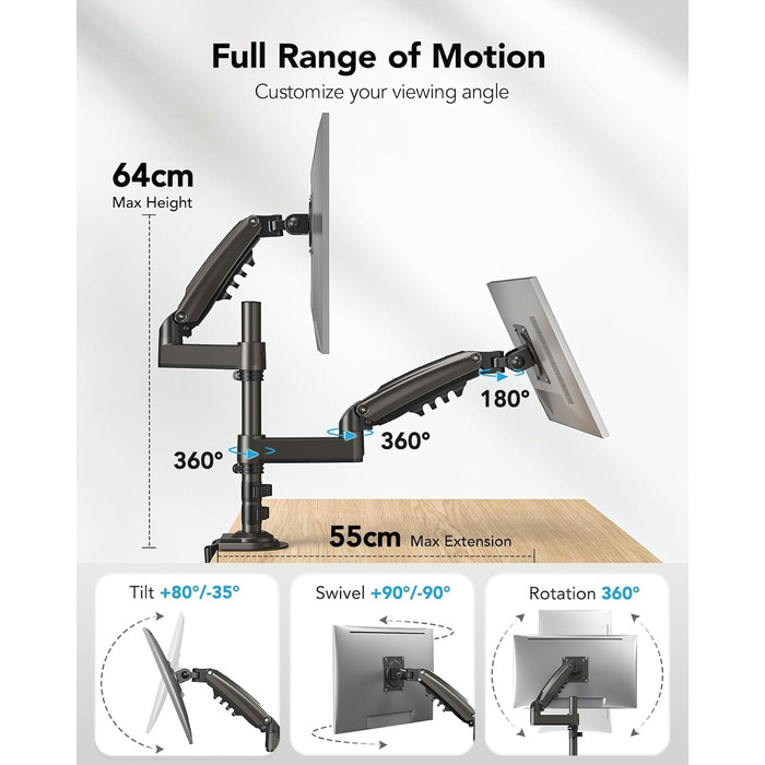 Кріплення для монітора HUANUO - 2 монітори, 13-32 дюйми, для геймінгу, регулювання висоти, настінна, VESA 75/100mm