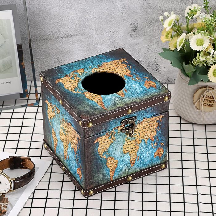 BTSKY Square Wooden + PU Tissue Box Holder, Retro Style, for Home, Office, Cube, Cover, Napkin Holder, Elegant and Stylish Home Decoration (Blue Card)