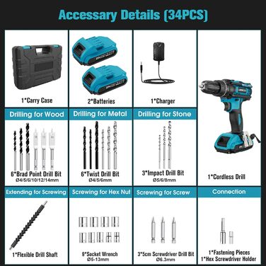 Акумуляторний шуруповерт LEEIKOO 21V з акумулятором 2.0Ah, 42N.m, 10мм патрон, 2 швидкості, 18+1 момент, 20шт аксесуарів, LED, сірий
