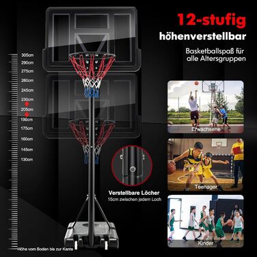 COSTWAY Adjustable Height Basketball Stand - 130-305cm Outdoor Basketball Hoop with Stand & Wheels - Mobile Basketball System with Ball Storage - Hoop System for Kids & Adults - Includes 2 Nets