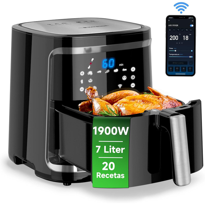 Aigostar Cube Smart WiFi - Hot Air Fryer 7L XXL, 1900W Airfryer with APP Control, Hot Air Fryer with 7 Cooking Functions, Touchscreen, Timer Function, 20 Recipe PDF, Oil-Free, DIY Menu.