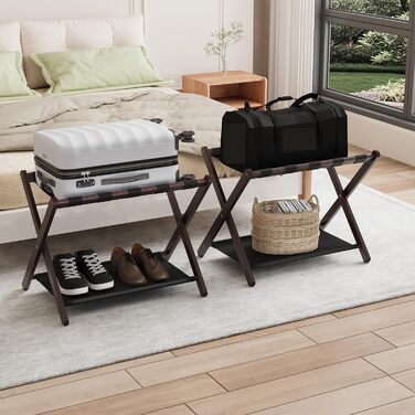 Smuxee Walnut Bamboo Luggage Rack for Guest Rooms, Folding Suitcase Stand with Storage Shelf, Lightweight Assembled Luggage Rack with 5 Nylon Straps for Guest Room Bedroom Hotel (Brown)