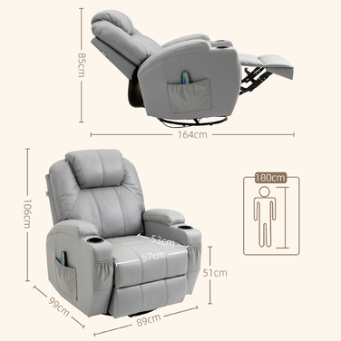 HOMCOM Electric TV Recliner Chair, Weight Capacity 150 kg, Stressless Recliner with Lie-Flat Function, Faux Leather, Light Grey