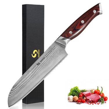 Кухонний ніж Damast Profi - ніж Santoku з дамаської сталі (67 шарів), ручка Pakkawood, подарункова коробка - професійний ніж для кухні 7 дюймів