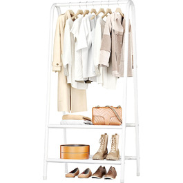 Robust metal clothes rack with double shelves for hanging clothes. Freestanding portable metal clothes rack, 62 L x 35 W x 157.5 H cm. Space-saving, Gold (White)