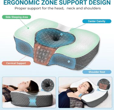 Ортопедична подушка Elviros для шиї з memory foam, ергономічна, для сну на боці, біла, 54x34x8.9/10.9 см