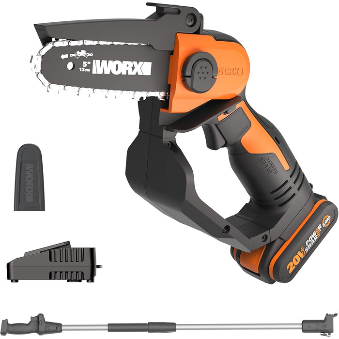 WORX акумуляторна міні-піла 18V (20V MAX) WG324E.1, PowerShare, 12 см шина, антивібраційна, легка та портативна, подовжувач, 1 акумулятор та зарядний пристрій в комплекті