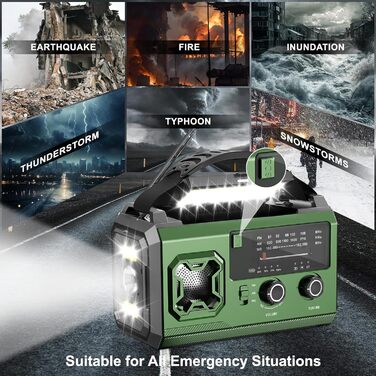 Радіо Kurbelradio на сонячній батареї 27000mAh з Bluetooth, FM/AM, SOS-сигналом, ліхтариком та компасом для кемпінгу та надзвичайних ситуацій (армійсько-зелене)
