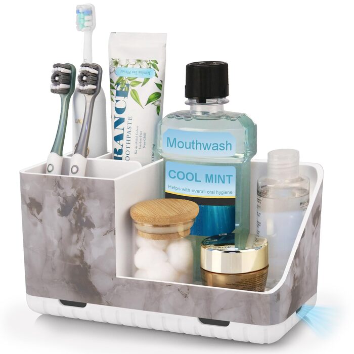 Тримач для зубних щіток у ванну кімнату: органайзер для електричної та звичайної зубної щітки з отвором для стоку води. Знімний органайзер для ванної, кухні та сім'ї (білий мармуровий малюнок)