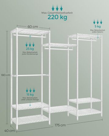 SONGMICS Clothes Rack, Open Wardrobe, Metal Coat Rack, Coat Stand with Adjustable Shelves and Clothes Rails, Hooks, High Load Capacity, Detachable, Cloud White LGR431W01