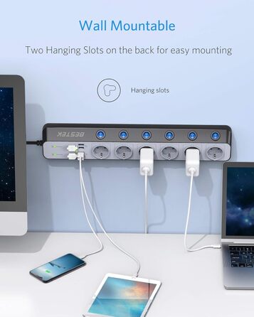 BESTEK Розподільник розеток 6-fach з USB, захист від перенапруги 900 Дж, настінний, з вимикачем, синьо-білий, кабель 3 м