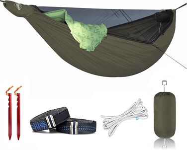 Onewind Premium 11' Camping Zippered Hammock, Single Portable Hammock with Mosquito Net and Tree Straps for Travel, Camping, Backpacking, and Hiking… (From Green Double Layer, 335cm*162cm)