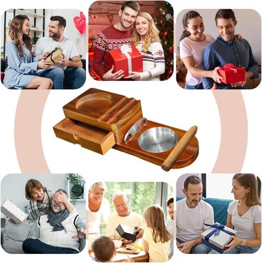Wooden cigar ashtray, ashtray with whiskey tray and cigar holder + 1 cigar cutter, cigar humidor box with wine holder, for home, office or bar, men's birthday anniversary.