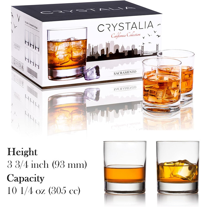Склянки CRYSTALIA Premium Whiskey, набір 6 шт, 305 мл, без свинцю. Склянки для віскі, коктейлів, бурбону, скотчу, коньяку, ірландського віскі. Набір склянок для бару.